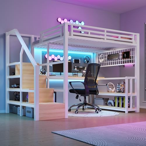 Cama alta con luz LED y puerto USB, 140 x 200 cm, cama de matrimonio con estructura de hierro con escritorio y rejilla colgante, con escaleras de almacenamiento y estantes portaobjetos, color blanco