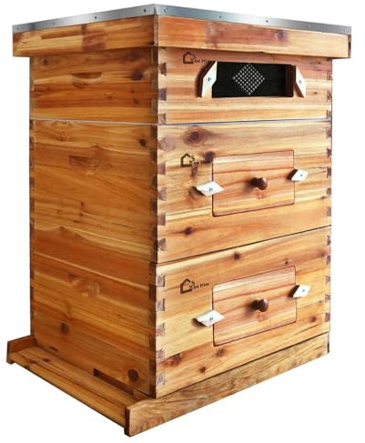 Garvee Colmena de Madera de Cedro Tradicional, Incluye 2 Cámaras de Cría y 1 Alza Media, Tamaño 56x46x76cm, Modelo con Ventana de Observación para Monitoreo de Abejas, Madera Natural de Gran Capacidad