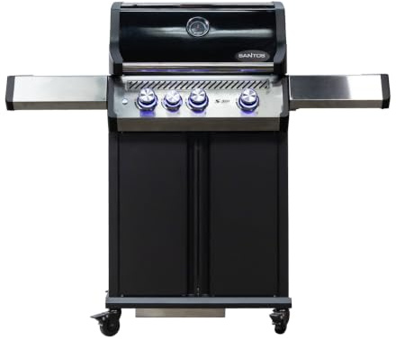 SANTOS Gasgrill S-301 Pro Schwarz - Premium Gasgrill 3 Brenner & Seitenkocher - BBQ Grillwagen mit Gussrost, XXL Warmhalterost & beleuchtetem Drehregler - Gas Grill mit doppelwandigem Deckel
