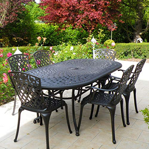 Lazy Susan - Catherine 210 x 105 cm Ovaler Gartentisch mit 6 Stühlen - Gartenmöbel Set aus Metall, Antik Bronze (Rose Stühle)