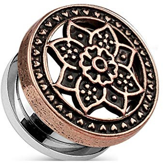 Tapsi´s Coolbodyart® Flesh Tunnel Schraubverschluss Edelstahl Chirurgenstahl 316L Messing Zirkonia Tribal Lotus Rose Gold 10mm