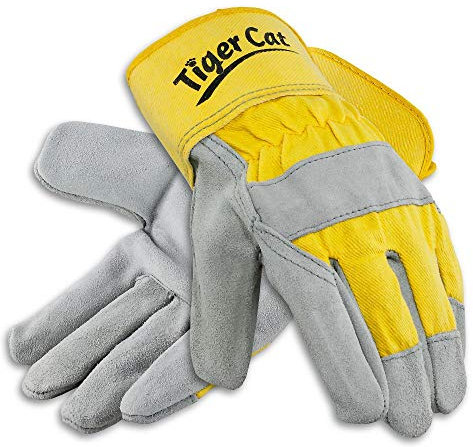 Galeton 2112-L, Tiger Cat Premium Leather Palm Work Gloves with Safety Cuff, Large, Gray/Yellow (Pack of 12)