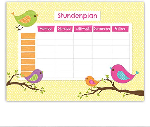 Papierdrachen Stundenplan DIN A4 Block - Motiv Vögelchen - beschreibbar und ideal als Geschenk für die Schule - Terminkalender und Wochenplan - von Papierdrachen