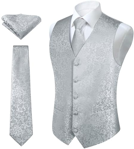 HISDERN Hochzeitsweste herren Blumen Hochzeit Silber-Grau Weste Krawatte Einstecktuch Taschentuch Jacquard Weste Anzug Set