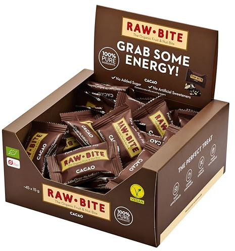 RAWBITE Riegel Cacao – Bio Frucht-Nuss Mini Riegel Box (45x15g) | 100 % Bio & vegane Mini-Frucht-Nuss-Riegel aus Datteln, Mandeln & Kakao. Ideal fürs Büro. Ohne Zuckerzusatz.