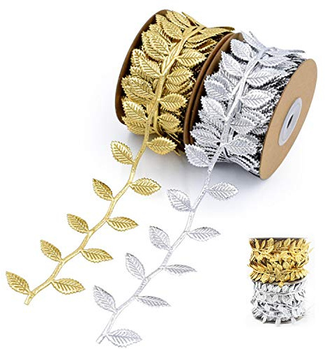 Ribbon Leaf Trim Rope 22 Yards Lange Blätter Streifen für DIY Handwerk und Party Hochzeit Hausgarten Dekoration (Silber, Gold)