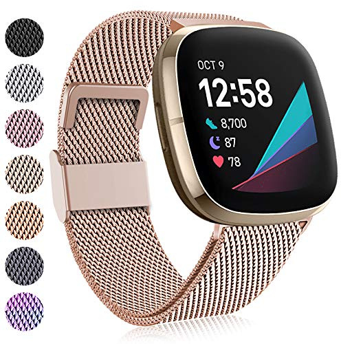 Amzpas Bracelet de remplacement en acier inoxydable pour montre connectée compatible avec Fitbit Versa 3 / Fitbit Sense