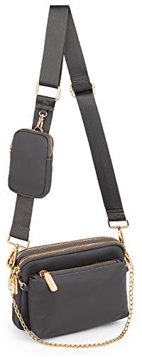 UTO Umhängetasche Damen 3 in 1 Crossbody Bag Damen Breiter Gurt mit Münzbeutel Handtasche mit Abnehmbare Kette Schultertasche mit Abnehmbarer Verstellbarer Schultergurt Kleine Tasche Grau Stylisch