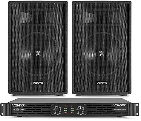 VONYX SL12 Passive DJ Speaker System - Pair of 12-Inch 600W DJ PA Disco Speakers with VDA500 500W Power Amplifier & 5m Audio Cable - For Karaoke, Party & Event Audio Setups