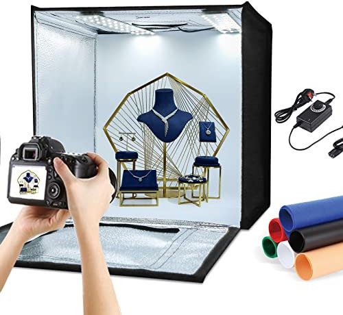 PULUZ Light Box 60CM Photo Studio Lightbox Kit White Light Dimmable Portable Foldable Shooting Tent for Photography Items with 120 Beads + Soft Cloth + 2 Light Board + 6 Colors Removable Backdrops