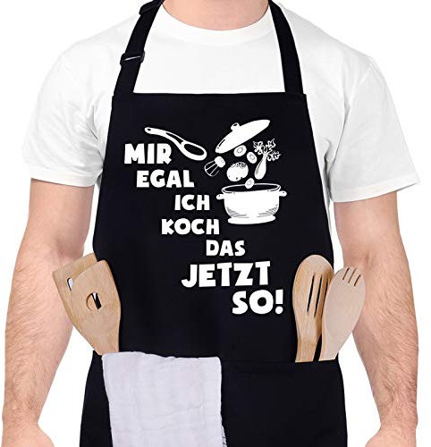 upain Kochschürze für Männer Grillschürze Baumwoll Lustig Küchenschürze Verstellbarem Nackenband Zwei Fronttaschen für Küche Kochen Grill-Mir egal ich koch das jetzt so-Schwarz
