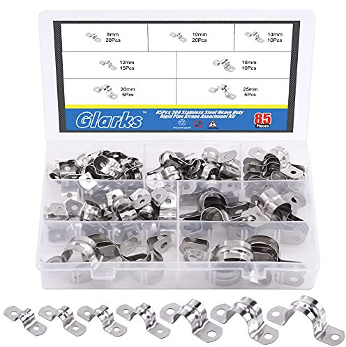 Glarks 85-teiliges Rohrbandschellen-Set M8 M10 M12 M14 M16 M20 M25 304 Edelstahl Zweiloch-Band, robustes starres Rohrband, U-Halterung, Rohrband-Sortiment, Kit für Rohrbefestigung