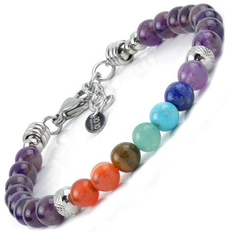 10:10 7 Chakra armband i rostfritt stål och 6 mm natursten, tillverkad i Italien med högkvalitativa material., Rostfritt stål Sten