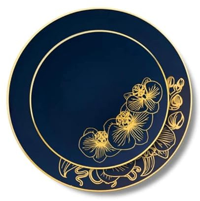 Decor Decorline - 32 Piatti Eleganti in Plastica Rigida Riutilizzabili per 16 persone - Collezione Orchid - Blu reale/Oro - Piatti per la cena e il dessert - 2 misure (16x26cm, 16x19cm)