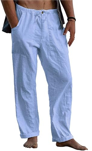 LVCBL Pantalon en Lin Hommes Été Automne Lâche Pantalon en Lin décontracté avec Poches Ceinture élastique