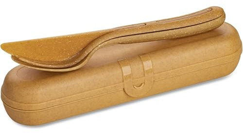 Juego de cubiertos Koziol con estuche Klikk Ready 4 piezas, cubiertos para llevar, madera natural