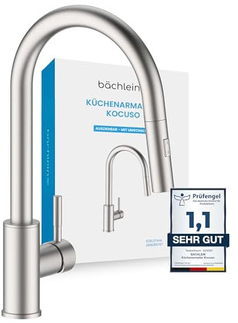 Bächlein Küchenarmatur Kocuso – 360 Grad schwenkbar (gebürsteter Edelstahl) – Einhand-Spültischbatterie mit ausziehbarem Schlauch und Brause mit Umschalt-Taste, Wasserhahn für die Küche
