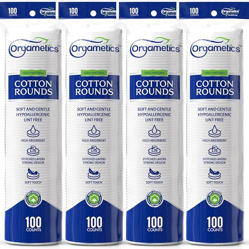 ORGAMETICS Cotton Rounds – 100% Natural Turkish Cotton Makeup Remover Pads, Lint-Free, Hypoallergenic, Ultra Soft, Dual-Texture, 2.25 Diameter (400 Count, 4 Pack)