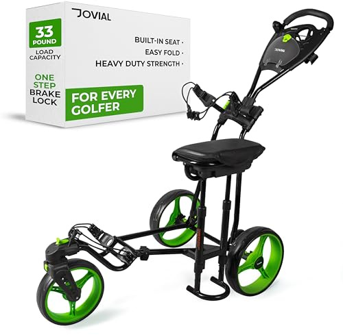 JOVIAL 3 Wheel Golf Push Pull Cart with Built-in Seat for Relaxation - Lightweight, Foldable, Collapsible, Golf Caddy Accessories, Includes Scorecard Holder, Water Bottle/Mobile/Umbrella/Towel Holder