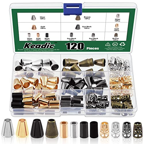 Keadic 120 Stück 4 Farben Legierung Kordelendschloss Sortiment Set mit Kunststoffhülle, 3 Stile Metallglocke/Hohl/Säulen-Kordelzug, Seilstopper, Ende für DIY Schlüsselband, Kleidung, Rucksack, Tasche