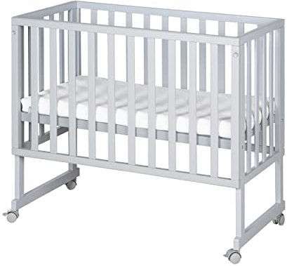 oba Stuben- und Beistellbett safe asleep® 3 in 1-45 x 90 cm - Höhenverstellbar - Komplettes Anstellbett mit Matratze + Canvas Barriere - Bett Set für Babys - Holz taupe/grau