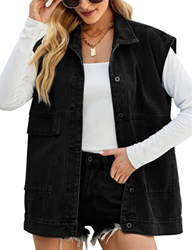 Zontroldy Gilet in jeans da donna oversize senza maniche con bottoni in denim gilet in jeans giacca shacket, nero, X-Large