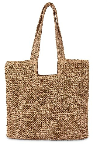 COZYOFFI Straw Beach Tote Bag: Large Summer Boho Woven Bags - Rattan Handmade Shoulder Handbags for Women(Brown)