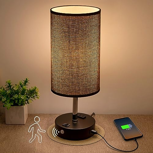 lifeholder Table Lamps with Motion Sensor and Constant on Two Modes, USB Lamp with Warm White Bulb, Fabric Shade, Built-in USB Port & AC Outlet - Bedside Table Lamp for Bedroom or Living Room