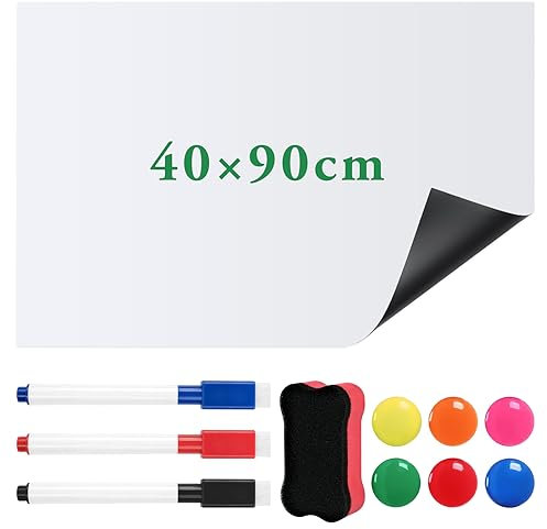Pizarra Blanca Magnética 40 * 90cm,Papel Pizarra Blanca Adhesiva Pared,Pizarra Blanca Adhesiva,Pizarra Blanca Pared para Dibujo de Niños,Escuela,Oficina,Hogar-3 bolígrafos+6 imanes+Borrador