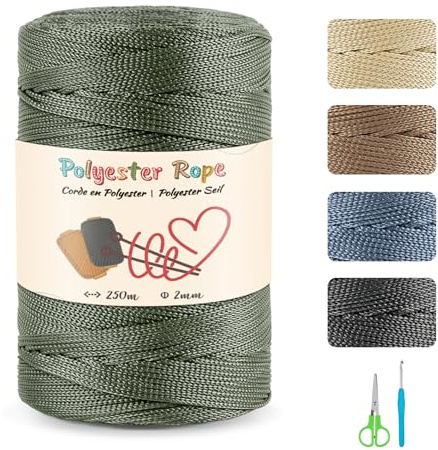 Makramee Polyester Seil,100% Polypropylen-Kordel 2mm x 250m Macrame Häkelgarn Yarn mit Schere und 4mm Häkeln für DIY Makramee Garn, Bastel Schnur, Dekorieren und Verpacken von Geschenken (Olivgrün)
