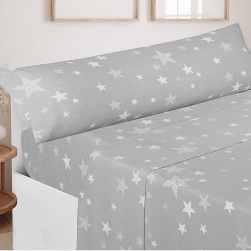DHESTIA HOME Juego de Sábanas Franela de Invierno 100% Algodón Stars Color Gris Talla Cama 90
