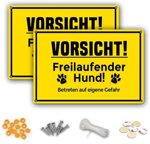 2 x Vorsicht freilaufender Hund Schild | 30 x 20 cm PVC-Kunststoff-Warnschild Hund | Wasserfester Druck | Kommt mit Zubehör | Geeignet für drinnen und draußen