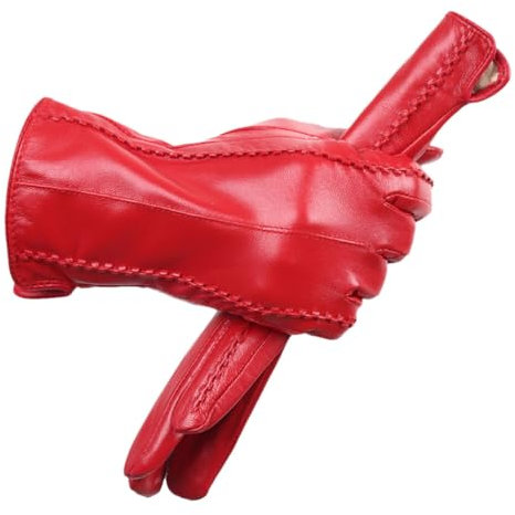 Haitpant Damen-Touchscreen-Lederhandschuhe, Winter, warme Echtlederhandschuhe, Damen-Leder-Fäustlinge, rot, 7