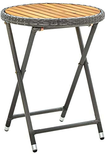 BaraSh Beistelltisch Grau 60 cm Wohnzimmertisch Beistelltische Side Table Dekotisch Tische Wohnzimmer Poly Rattan und Akazie Massivholz