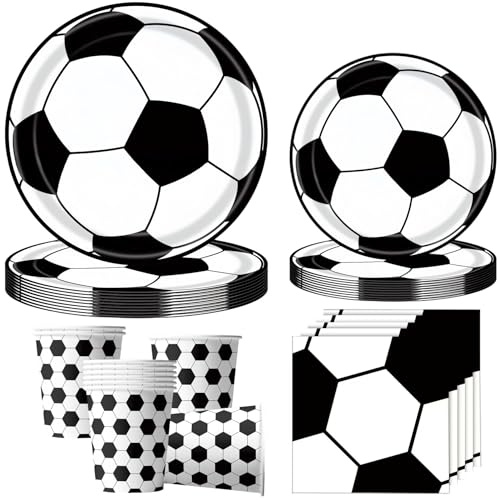 OMZSXK 50 Stück Fußball Partygeschirr für 10 Gäste,Fussball Partyteller Geburtstag Geschirr,Schwarzer und weißer Fußball Pappteller Becher Servietten für Kindergeburtstag Deko