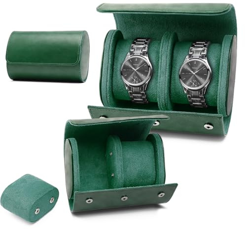 KoGiio Uhrenbox,Wasserdichte Retro-Uhrenaufbewahrungsbox,Uhrenkoffer mit Herausnehmbaren PU Lederuhrenhalter Uhrenkissen, Tragbare Reiseetui Uhrenschatulle, Samtfutter,Uhrenrolle - 2 Slot - Grün