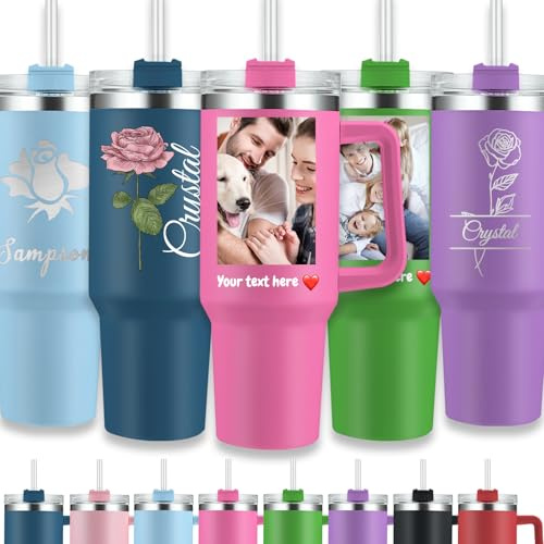 Vaso personalizado con asa, vasos personalizados con popote aislado con taza con nombre de imágenes, icono de foto, texto para estudiantes, hombres, mujeres, regalos de regreso a la escuela, 40 onzas,