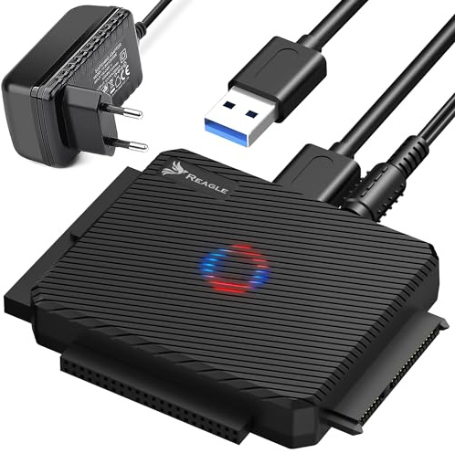 Reagle USB 3.2 SATA IDE Adapter för HDD SSD 2,5/3,5 Tum, Hårddiskadapter upp till 16TB, 5Gbps, Plug & Play, Hot-Swapping, LED, Strömbrytare, 12V 3A Nätadapter
