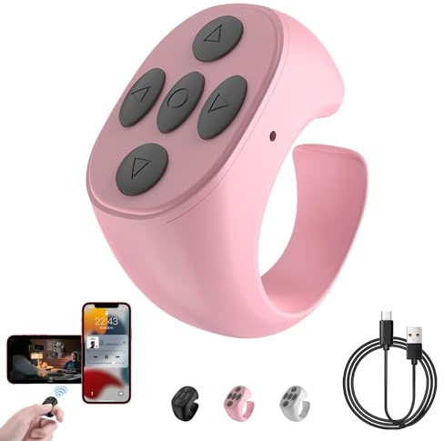 Drahtlose Bluetooth-Fernbedienung Per Fingertipp, Bluetooth Fernbedienung, Fingerspitzen Seitenwender Scrolling Ring Wiederaufladbares Selfie Kamera Fernauslöser für Handys und Tablets (Rosa)