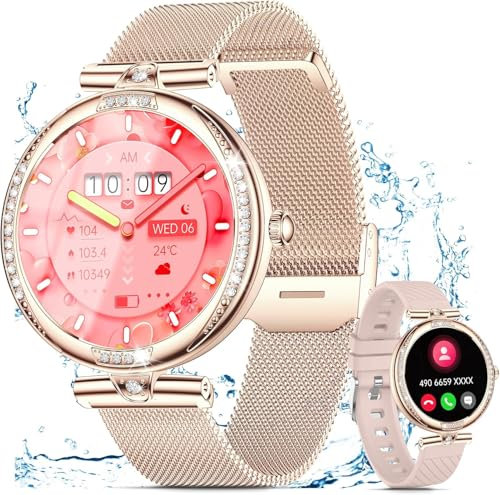 Smartwatch Damen mit Telefonfunktion 1.19 AMOLED Touchscreen IP68 Diamond Smart Watch mit 24H Pulsuhr Menstruationszyklus 120+ Sportmodi Schrittzähler Kalorien Fitness Tracker iOS Android (Rosegold)