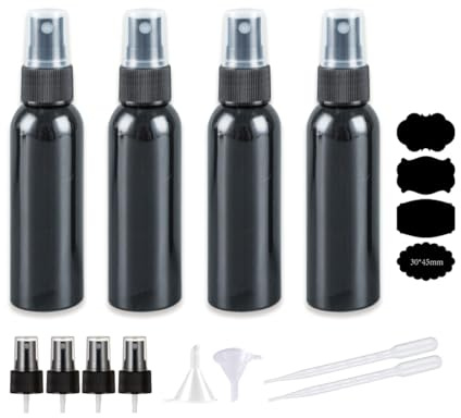 ZAAWUUT Set med 4 svarta sprayflaskor, 113 ml tom liten fin sprayflaska, bärbar misters reseflaska för eteriska oljor, parfym, rengöring (120 ml)