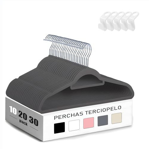 Perchas Antideslizantes de Terciopelo con Ganchos giratorios 360º, Ahorra eppacio y Organiza tu Armario, Ideal para Camisetas, Pantalones y Faldas, diseño Elegante y fufncional. (10, GrisGB)
