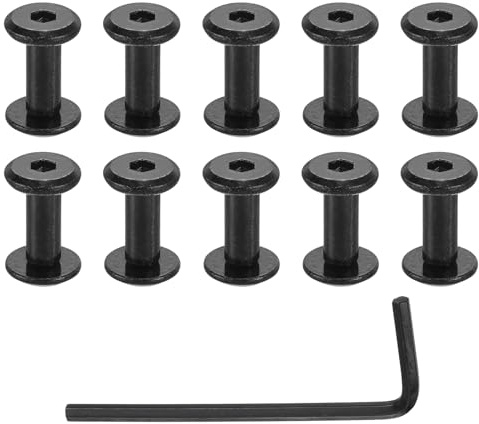 sourcing map 10 Sets Screw Post, Male M3x4mm Stainless Steel Screw Rivets, Female 4x10 Hex Drive Binding Screws Belt Buckle Binding Bolts Leather Fastener with 1Pcs Wrench, Black