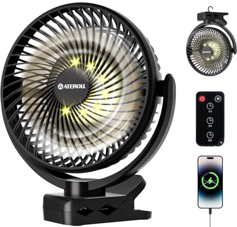 Ateroll 10000mAh Clip-On Ventilator mit Fernbedienung,3 Geschwindigkeiten USB Ventilator Akku mit Timer&LED-Lichtern,360° drehbarer 8 batteriebetriebener Tischventilator für Zuhause,Büro und Camping