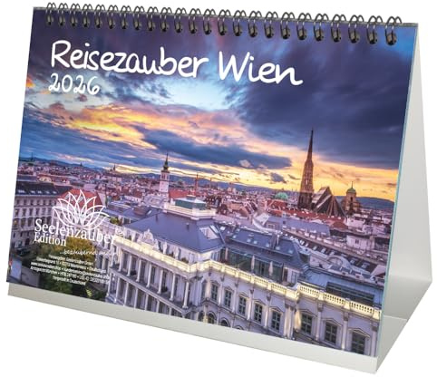 Seelenzauber Reisezauber Wien DIN A5 Tischkalender für 2026 Österreich Urlaub - Geschenkset Inhalt: 1x Kalender 1x Weihnachtsanhänger 1x Grußanhänger (gesamt 3 Teile)