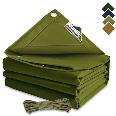 FoundGo 10x16ft Canvas Tarp 22 Mil Tarps 14 oz Canvas Tarpaulin Heavy Duty Cloth Water/UV Resistant Cover with Rustproof Grommets & Ropes for Cars,Roofs,Boats,Camps,Sunshades，Moisture Barrier -Avocado