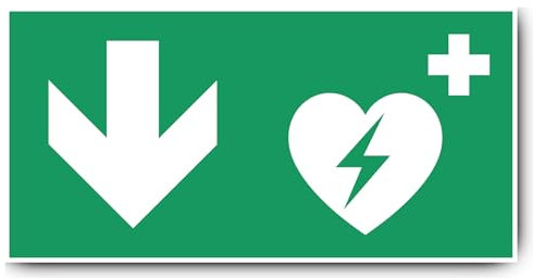 Aufkleber: 250x500 mm, 1 Stück - Automatisierter Externer Defibrillator (AED) - Kombination mit Pfeil abwärts - Rettungszeichen - E010 - grün/weiß - DIN EN ISO 7010 / ASR A1.3