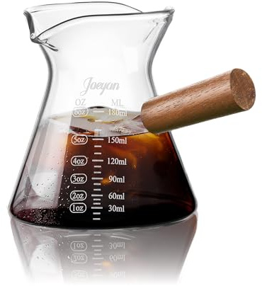 Joeyan Tazza di Misura in Vetro Borosilicato da 180ml con Doppi Beccucci - Bicchiere per Caffè Espresso e Schiumatura Latte - Design con Manico in Legno e Doppia Scala (ml/oz), (6oz)
