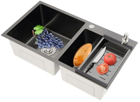 Fregadero doble de 2 cuencos, fregadero de cocina de acero inoxidable con escurridor y dispensador de jabón, fregadero empotrable para cocina y lavandería, negro (78 x 43 cm)