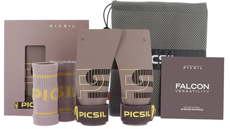 PICSIL Falcon Handskar + Armband + Väska, kolfibermaterial, använd med magnesium, grepp på alla ytor och skivstångstyper, utformad för alla idrottare (Taupe, G)